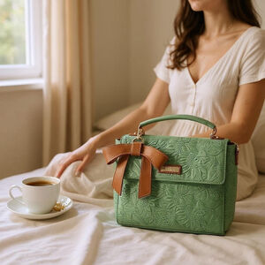 Sage Green Bow Embossed Tooled Artisan LEATHER Cross Body Messenger Bag Purse